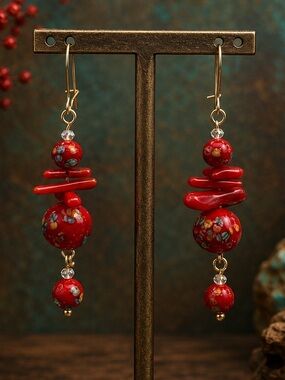 Red Coral & Floral Painted Beaded Dangle Earrings